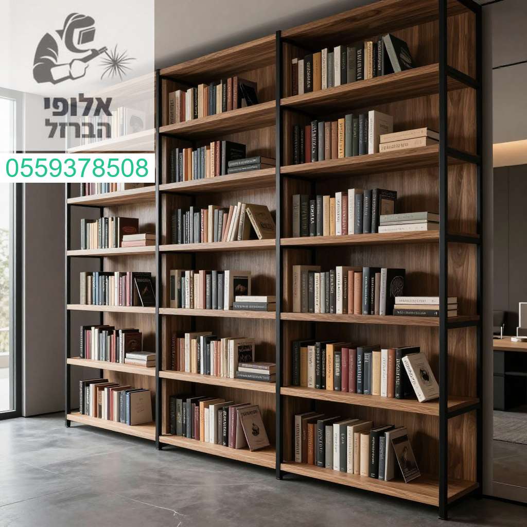 ספריה מפוארת מעץ וברזל מהרצפה עד התקרה המעניקה מראה יוקרתי ואחסון אינסופי לביתכם